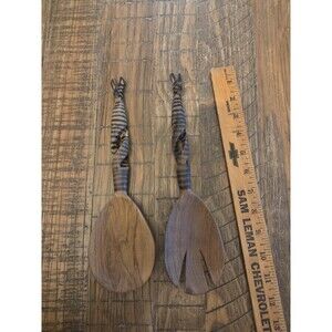 Zebra Wooden Salad Servers Spoon & Fork, Hand Carved 10" Kenya African